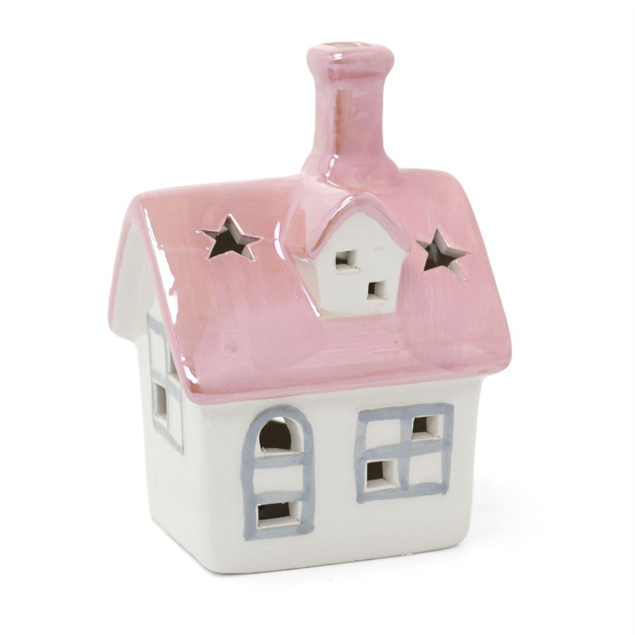 Celebrations Carousel Shop | Christmas Led House Ornament | Pink Roof Ceramic Led House Light Up Decoration