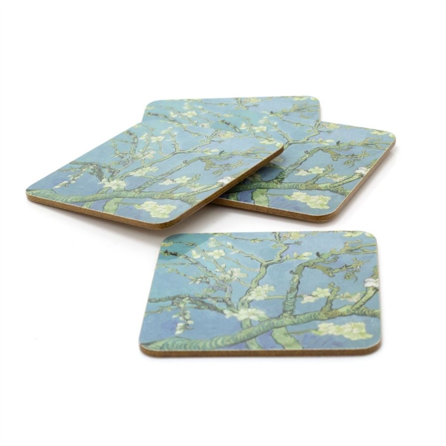 Kitchen & Dining Carousel Shop | Botanical Almond Blossom Coasters | Set Of 4 Square Floral Cork Drinks Coasters