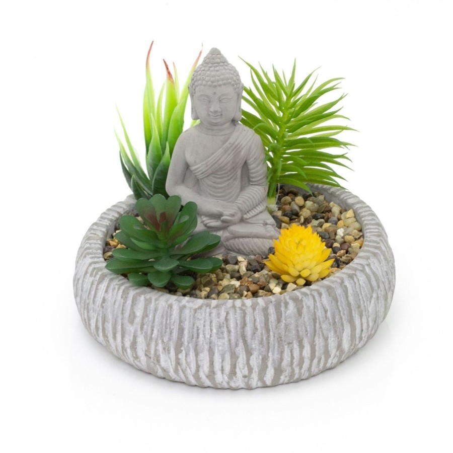 Home Accessories Carousel Shop Vases, Planters & Faux Flowers | Buddha Statue Ornament With Assorted Faux Succulents | Artificial Plant Small Fake Plants In Cement Planter | Artificial Faux Succulent Potted Plants