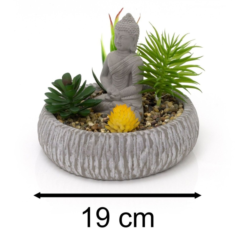 Home Accessories Carousel Shop Vases, Planters & Faux Flowers | Buddha Statue Ornament With Assorted Faux Succulents | Artificial Plant Small Fake Plants In Cement Planter | Artificial Faux Succulent Potted Plants