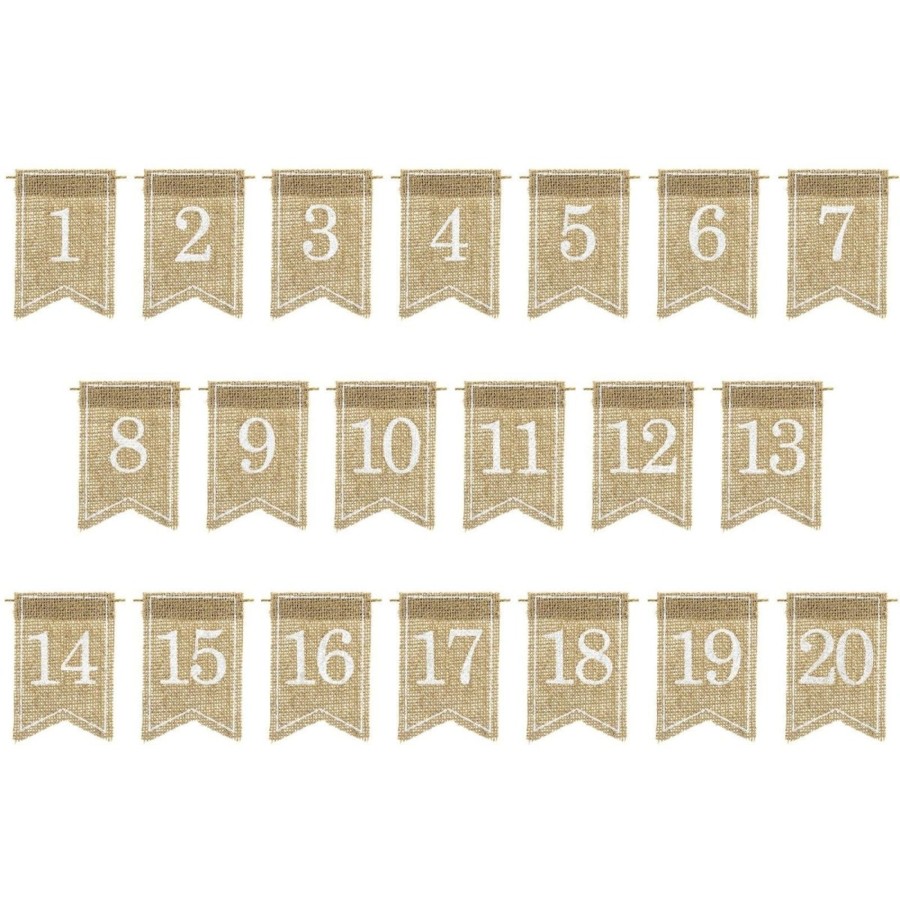 Celebrations Carousel Shop | 1-20 Jute Hessian Table Number Flags Banners | Vintage Wedding Table Numbers Tags | Rustic Wedding Decorations