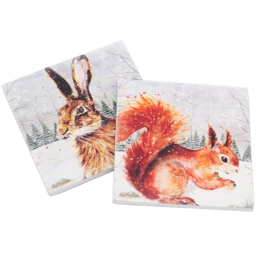 Kitchen & Dining Carousel Shop | Set Of 2 Winter Woodland Slate Coasters | Rabbit Squirrel Drinks Coaster Set | Animal Square Cup Mug Table Mats