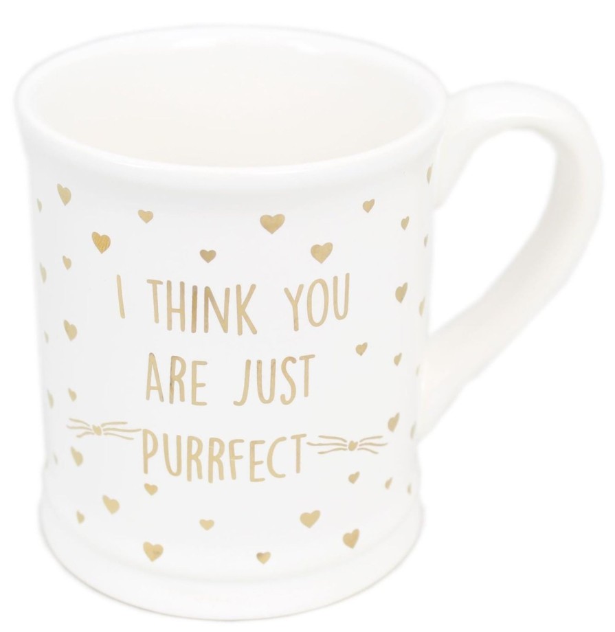 Kitchen & Dining Carousel Shop | Large White China Glazed Ceramic Gold Polka Heart Cat Mug ~ I Think You Are Just Purrfect