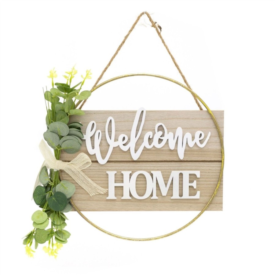 Home Accessories Carousel Shop Signs & Plaques | 30Cm Rustic Floral Wooden Welcome Sign House Plaque | Botanical Welcome Home Large Decorative Welcome Plaque | Round Welcome Door Wreath