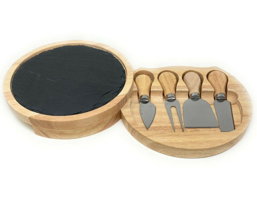 Kitchen & Dining Carousel Shop | 20Cm Slate Round Wooden Cheese Board | Cheese Serving Platter Set | Charcuterie Platter And Serving Meat Board