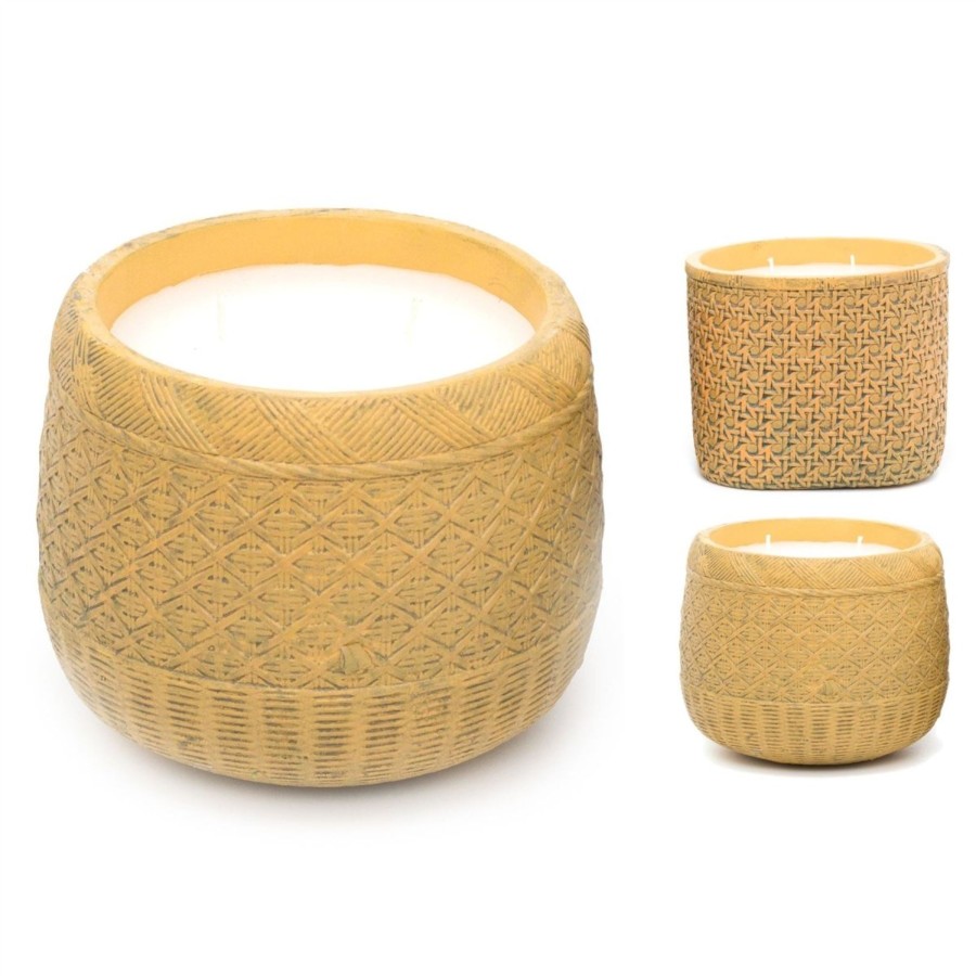 Home Accessories Carousel Shop Candles & Tealights | Boho Rattan Design Cement Candle Pot With 2 Wick Candle | Rustic 2 Wick Candle And Holder | Decorative Candles - Design Varies One Supplied