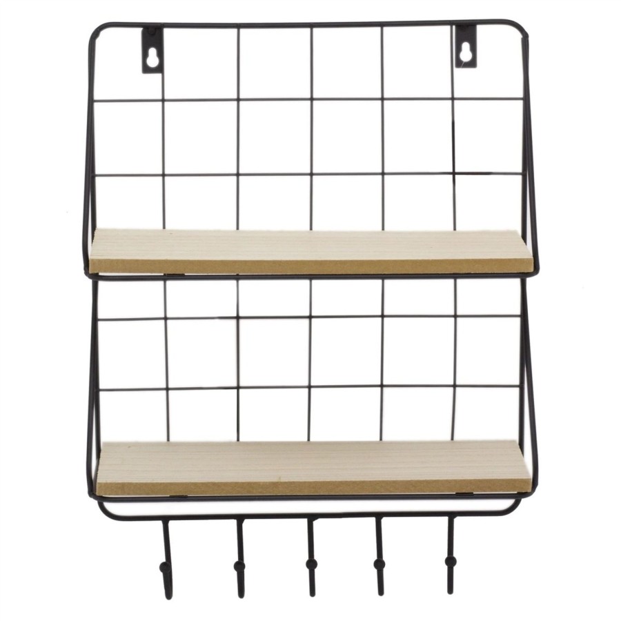 Home Accessories Carousel Shop Shelving & Hooks | Rectangle Wall Double Shelf Unit With Hooks | 2 Tier Wooden Black Metal Floating Shelves | Kitchen Spice Rack