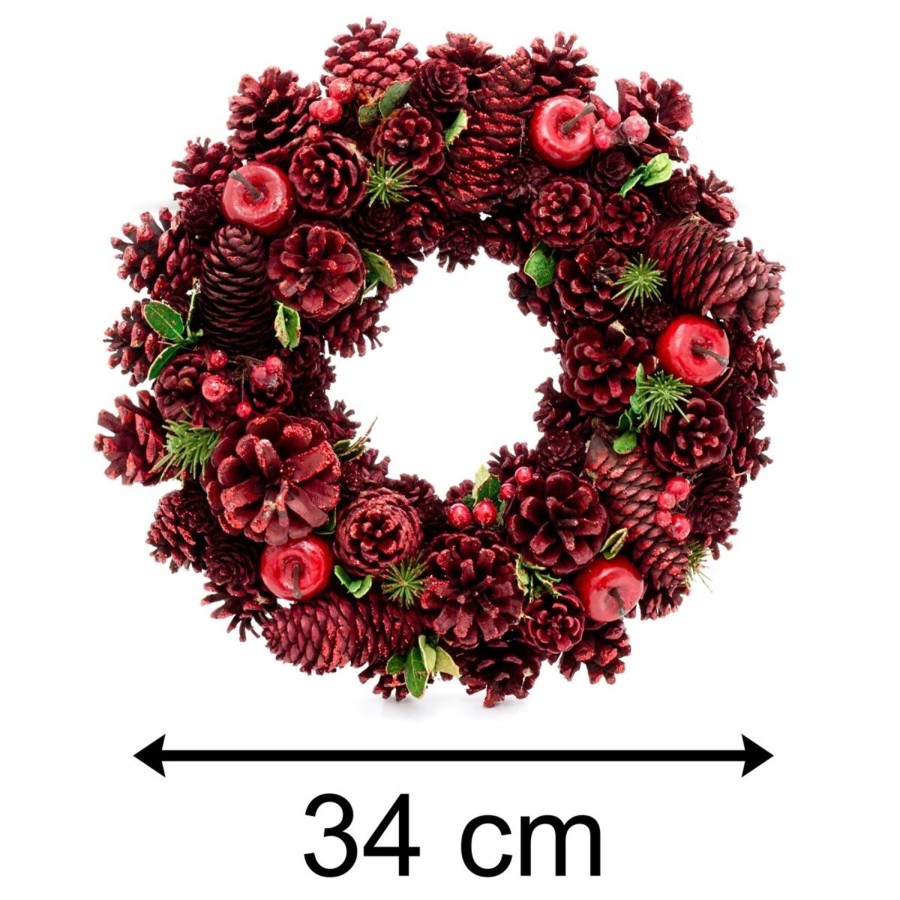 Celebrations Carousel Shop | 34Cm Red Christmas Wreath Pine Cone Decoration | Christmas Door Wreath Xmas Wreath | Door Wreath Christmas Decorations