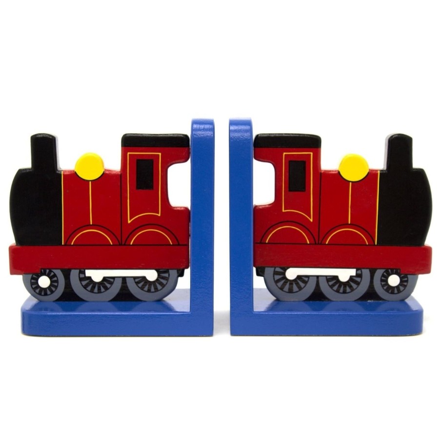 Baby & Child Carousel Shop Room Decor & Storage | Red Train On Blue Wooden Bookends For Kids | Childrens Book Ends | Book Stoppers For Shelves, Kids Room Or Nursery Decor - Hand Made In Uk