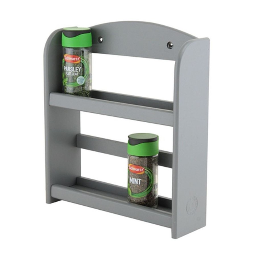 Home Accessories Carousel Shop Shelving & Hooks | Grey Wooden 2 Tier Spice Rack | Wall Mounted 2 Shelf Kitchen Spice Cabinet