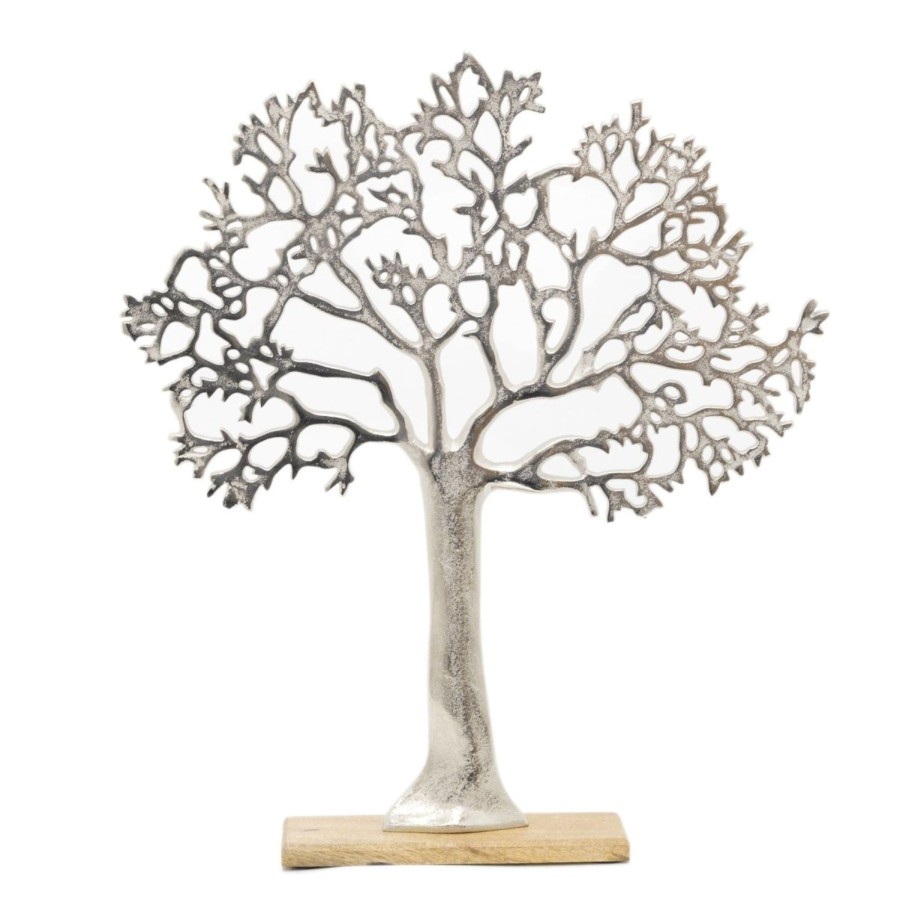 Home Accessories Carousel Shop Ornaments | 63Cm Elegant Silver Tone Tree Of Life Sculpture | Extra Large Silver Metal Tree Ornament On Wooden Base | Aluminium Family Tree Wood Stand