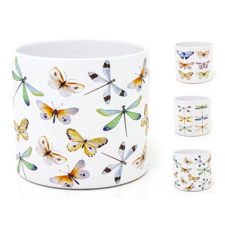 Home Accessories Carousel Shop Vases, Planters & Faux Flowers | White Terracotta Planter | Nature-Inspired Butterflies And Dragonflies Plant Pot