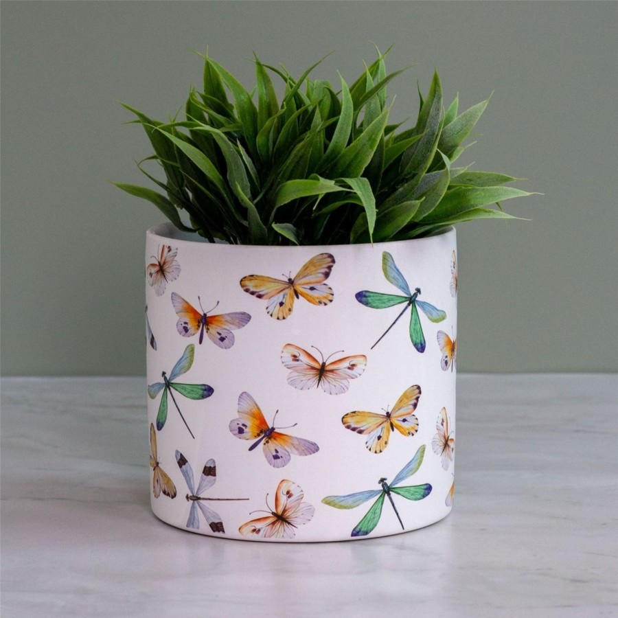 Home Accessories Carousel Shop Vases, Planters & Faux Flowers | White Terracotta Planter | Nature-Inspired Butterflies And Dragonflies Plant Pot