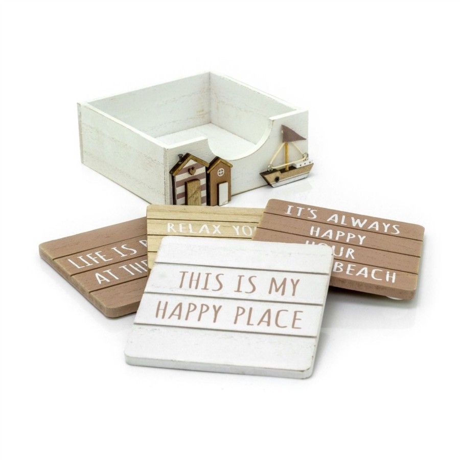 Kitchen & Dining Carousel Shop | Set Of 4 Wooden Seashore Coasters & Beach Hut Holder | Nautical Quotes Coasters