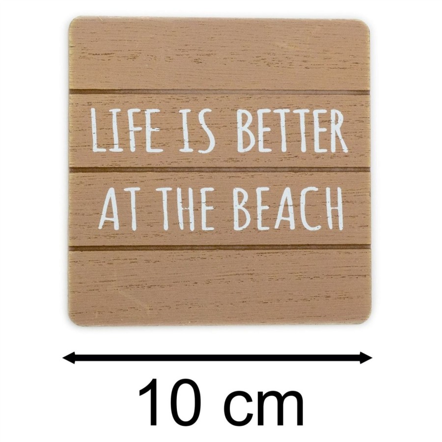 Kitchen & Dining Carousel Shop | Set Of 4 Wooden Seashore Coasters & Beach Hut Holder | Nautical Quotes Coasters