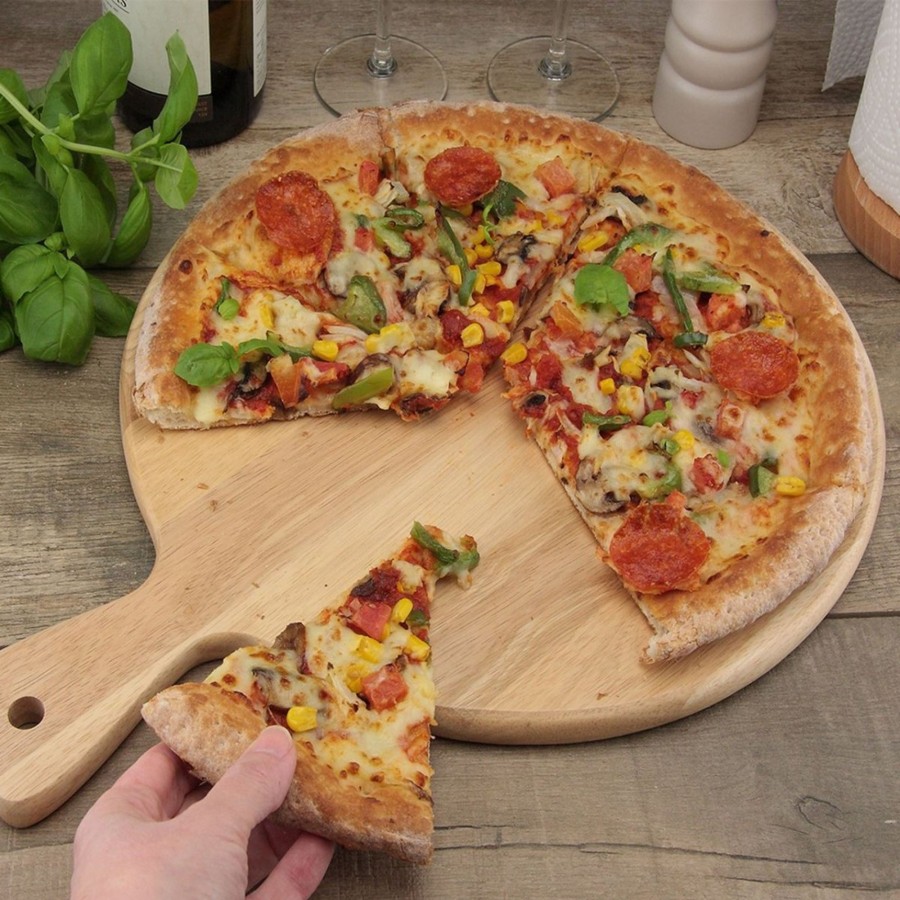 Kitchen & Dining Carousel Shop | 34Cm Hevea Wood Pizza Board | Wooden Pizza Platter Serving Sharing Pizza Board | Pizza Serving Board Presentation Board