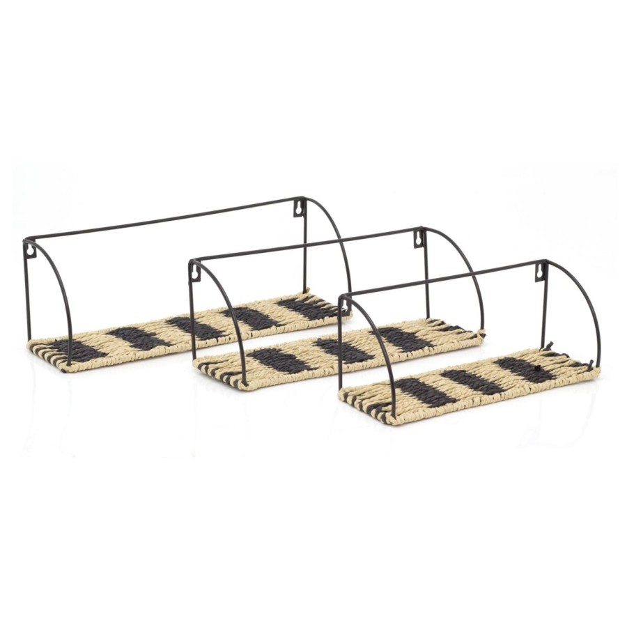 Home Accessories Carousel Shop Shelving & Hooks | Carousel Home Set Of 3 Metal Rope Shelves Display Shelf Set | Wall Mounted 3 Piece Black Metal Woven Storage Shelves | Three Boho Wall Shelves