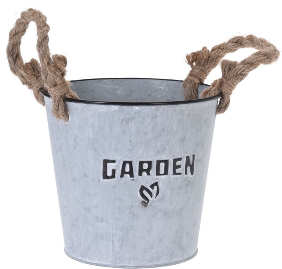 Home Accessories Carousel Shop Planters & Pots | Silver Washed Round Garden Zinc Bucket Planter Windowsill Herb Box With Rope Handles