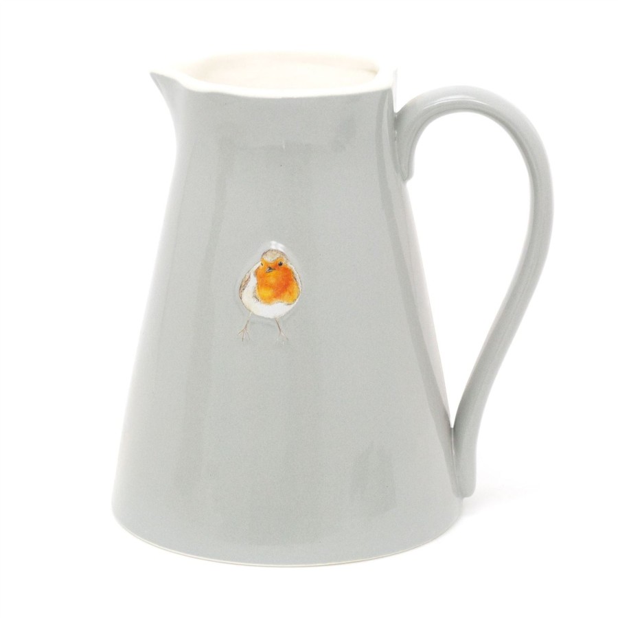 Kitchen & Dining Carousel Shop | Pretty Robin Embossed Ceramic Serving Jug | Grey Water Pitcher China Milk Jug | Country Kitchen Jugs Porcelain Flower Vase