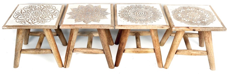 Home Accessories Carousel Shop Side Tables | White Washed Rustic Shabby Chic Wooden Hand Carved Mango Wood Stool ~ Design Vary