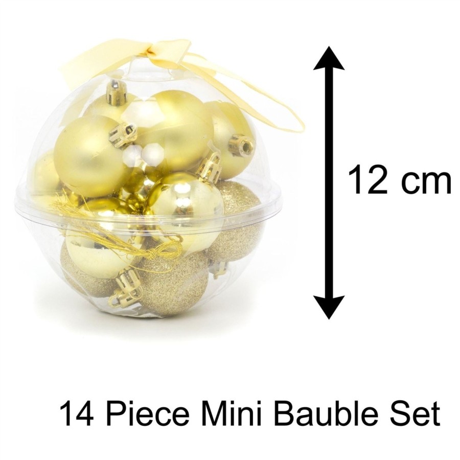 Celebrations Carousel Shop | 14 Piece Gold Mini Christmas Tree Bauble Box | Xmas Hanging Balls Christmas Tree Ornaments Decorations | Set Of Baubles