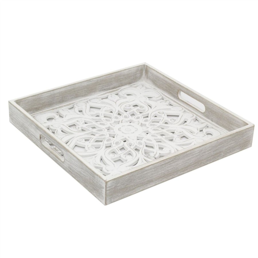 Kitchen & Dining Carousel Shop | Whitewashed Carved Square Tray | Shabby Chic Display Tray | Ornate Wooden Tray - 36Cm