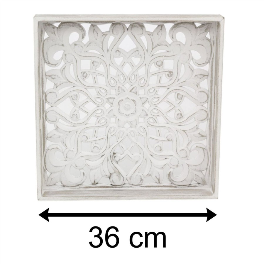 Kitchen & Dining Carousel Shop | Whitewashed Carved Square Tray | Shabby Chic Display Tray | Ornate Wooden Tray - 36Cm