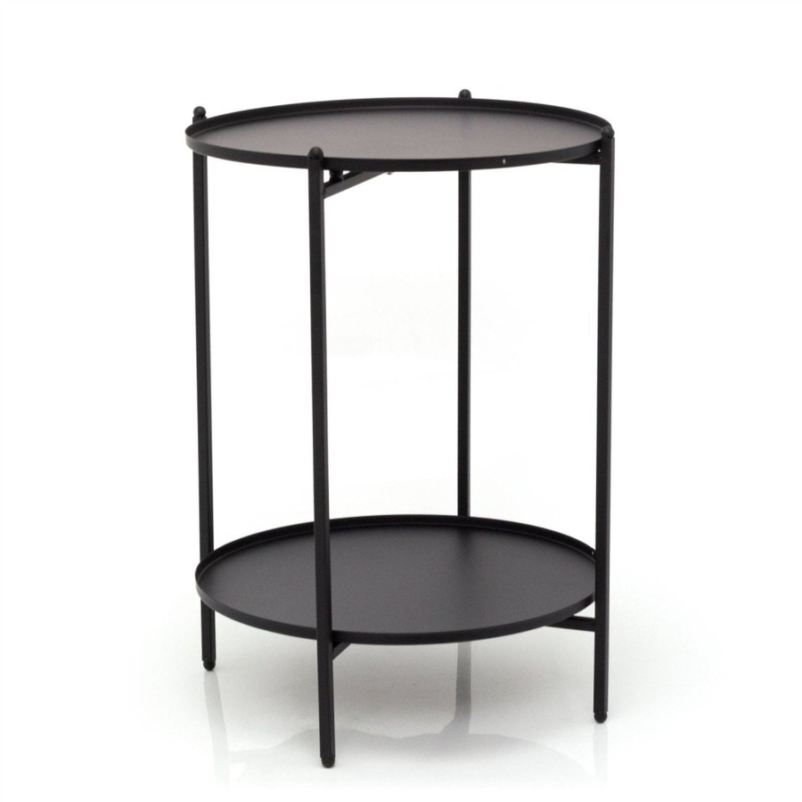 Home Accessories Carousel Shop Side Tables | 50Cm Modern 2 Tier Black Metal Round Side Table | Bedside Table Pedestal Table With 2 Tier Storage | Occasional Table Living Room End Table