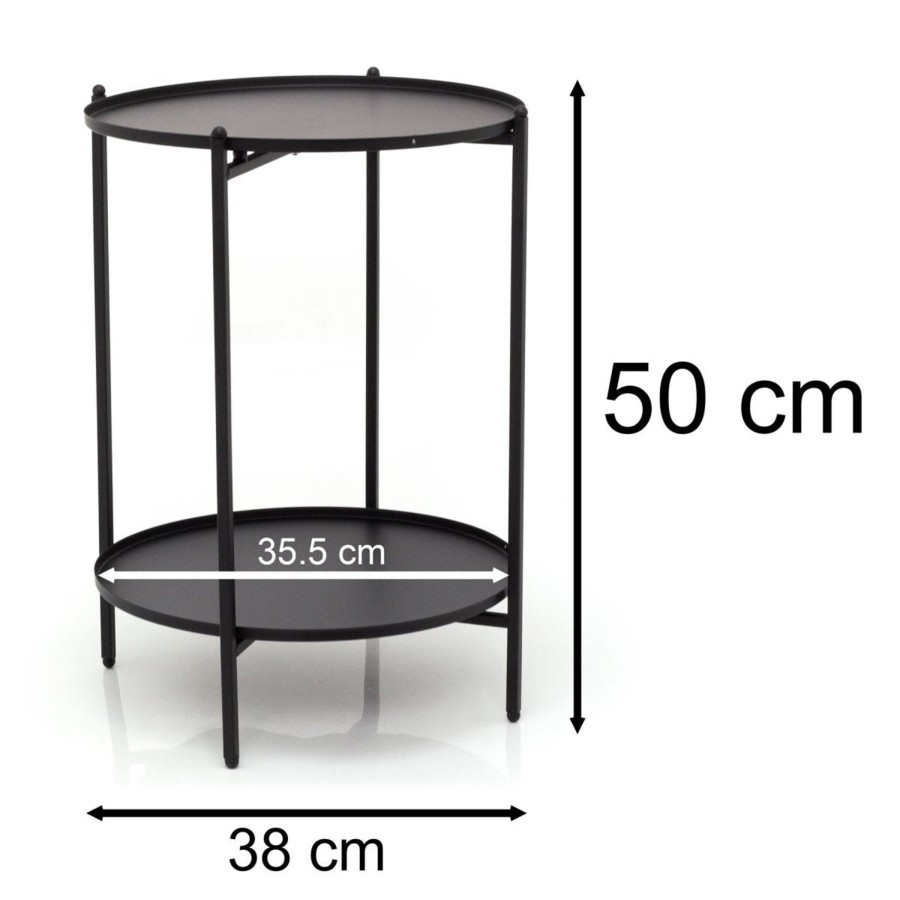 Home Accessories Carousel Shop Side Tables | 50Cm Modern 2 Tier Black Metal Round Side Table | Bedside Table Pedestal Table With 2 Tier Storage | Occasional Table Living Room End Table