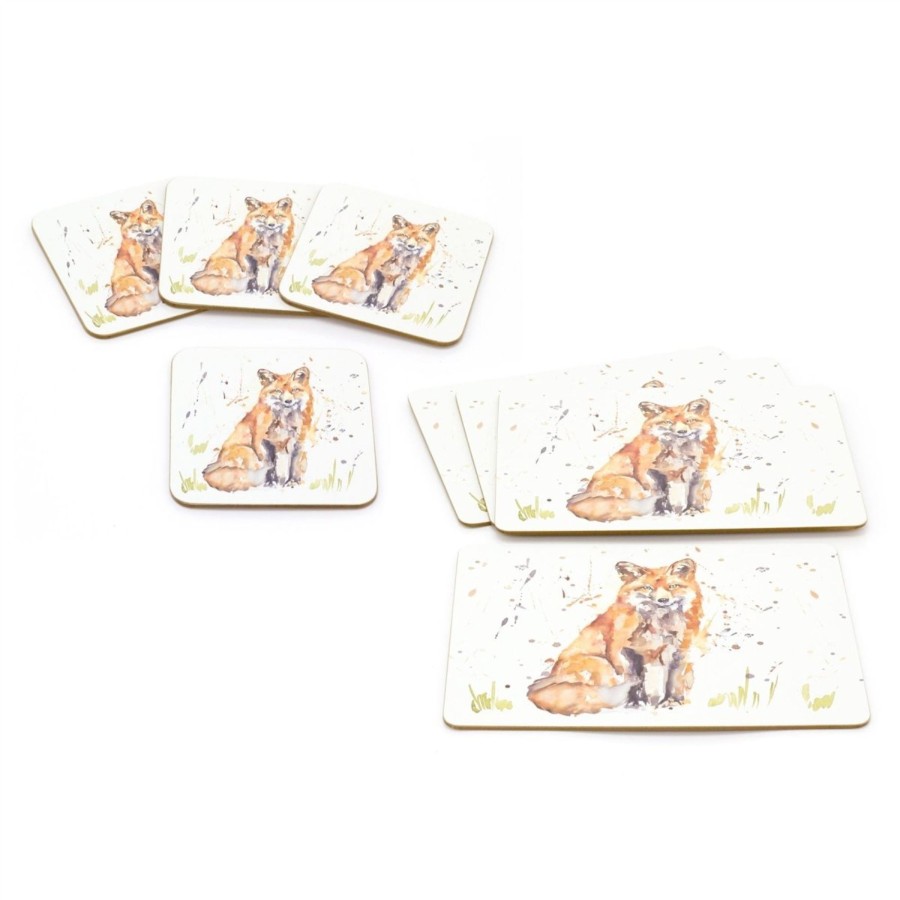 Kitchen & Dining Carousel Shop | Set Of 4 Watercolour Design Woodland Fox Coasters And Placemats | 8 Piece Animal Cork Square Dining Table Mats | Four Red Fox Wildlife Plate Mats And Coasters