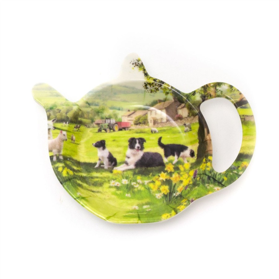 Kitchen & Dining Carousel Shop | Farmhouse Country Collie & Sheep Teapot Shaped Tea Bag Tidy Dish | Tea Bag Spoon Rest Kitchen Tidy | Melamine Tea Bag Coaster Teabag Holder Dish