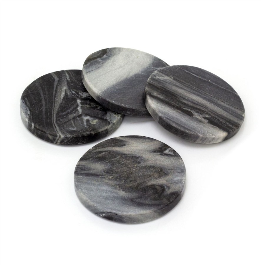 Kitchen & Dining Carousel Shop | Set Of 4 Black Marble Coasters | 4 Piece Round Natural Stone Marble Coaster Set