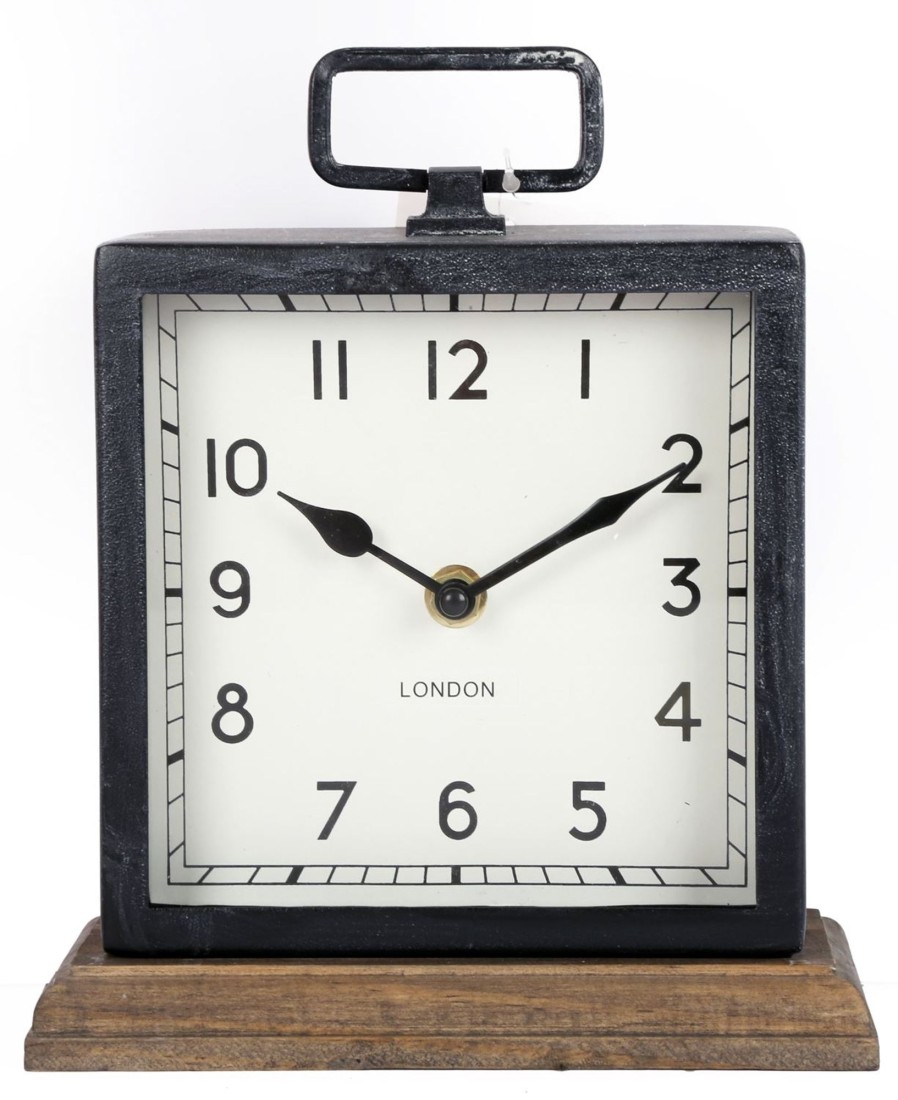 Home Accessories Carousel Shop Clocks | Distressed Square Black Metal Mantel Clock On Wood Base