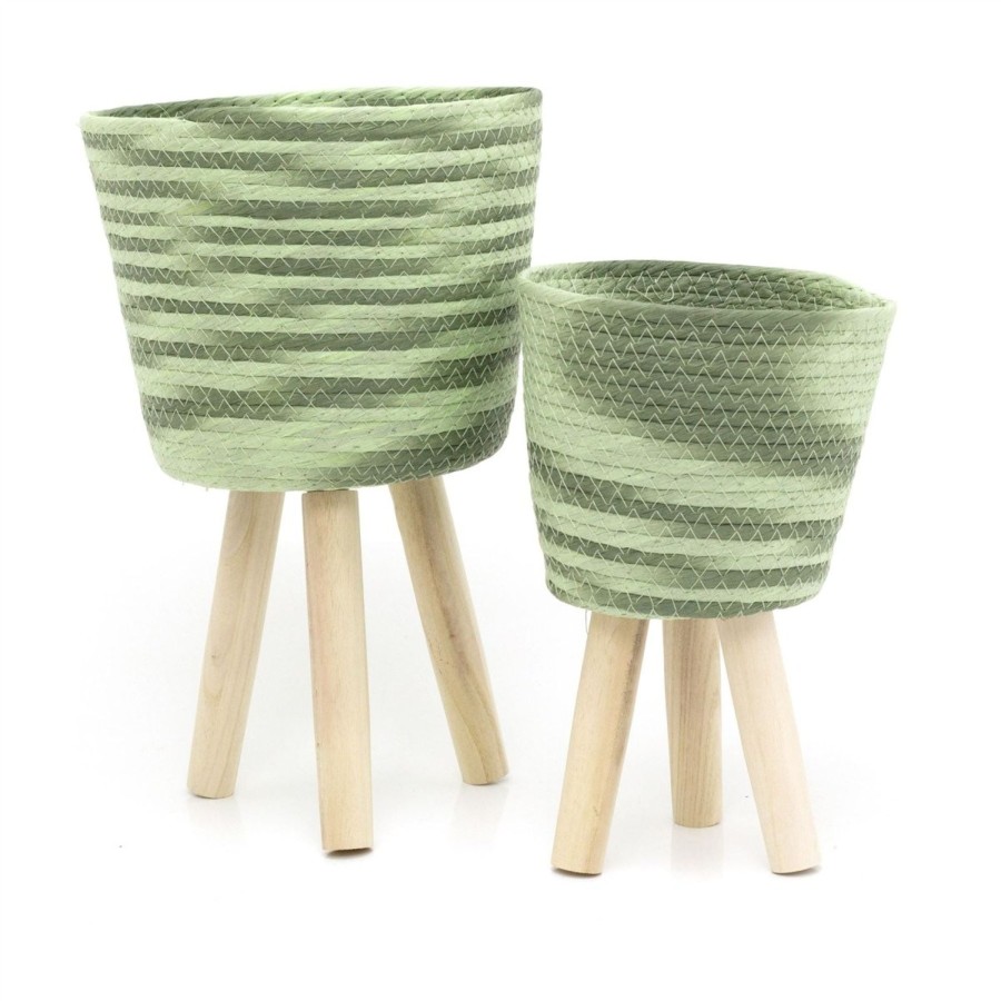 Home Accessories Carousel Shop Vases, Planters & Faux Flowers | Set Of 2 Green Woven Basket Plant Pot | Indoor Planter With Legs | Flower Basket Cache Pots