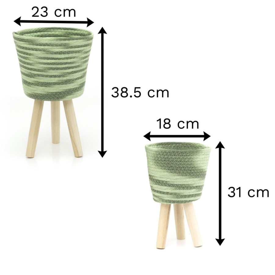 Home Accessories Carousel Shop Vases, Planters & Faux Flowers | Set Of 2 Green Woven Basket Plant Pot | Indoor Planter With Legs | Flower Basket Cache Pots