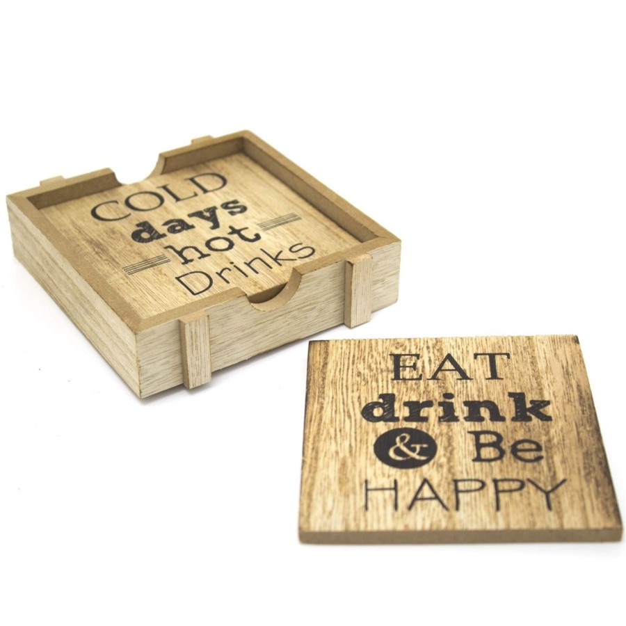 Kitchen & Dining Carousel Shop | Set Of 4 Wooden Cosy Hygge Quotes Coasters With Holder - Square Quotation Drinks Coaster Set ~ Cup Mug Table Mats