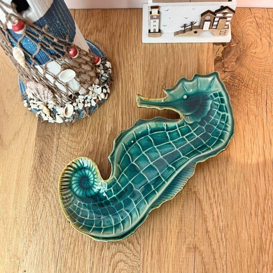 Home Accessories Carousel Shop Bathroom Accessories | Teal Ombre Ceramic Seahorse Trinket Dish | Nautical Jewellery Dish Trinket Tray