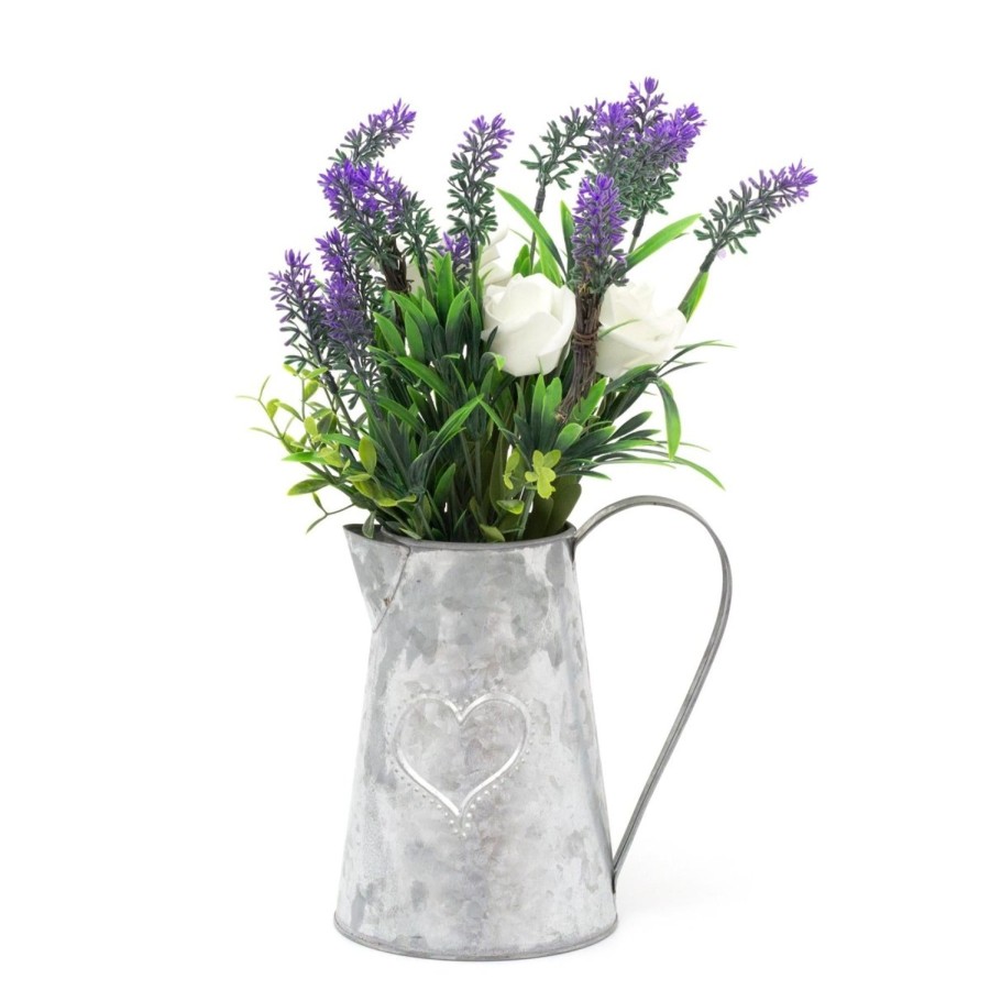 Home Accessories Carousel Shop Vases, Planters & Faux Flowers | Artificial Ivory Rose And Lavendar In Metal Heart Jug Floral Arrangement Display