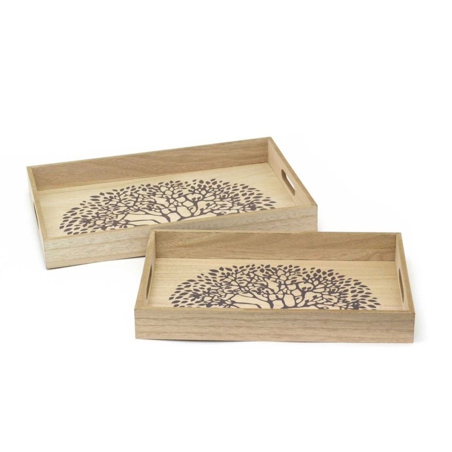 Home Accessories Carousel Shop Decorative Accessories | 2-Piece Tree Of Life Wooden Serving Trays | Set Of 2 Storage Trays With Handles