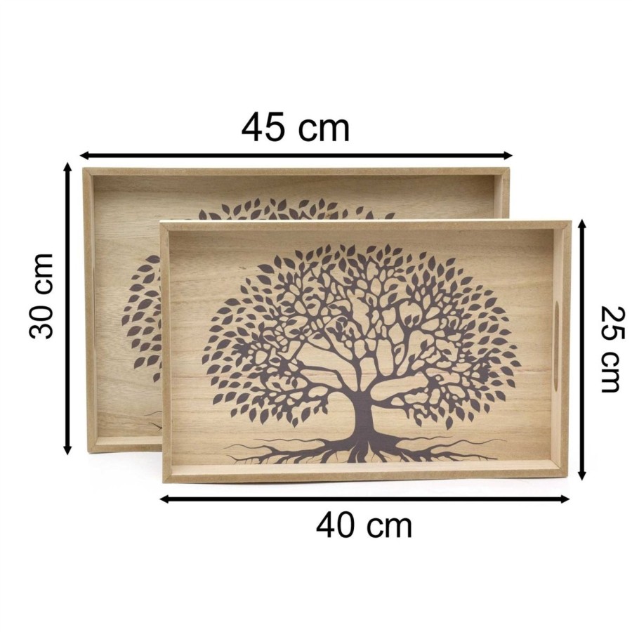 Home Accessories Carousel Shop Decorative Accessories | 2-Piece Tree Of Life Wooden Serving Trays | Set Of 2 Storage Trays With Handles