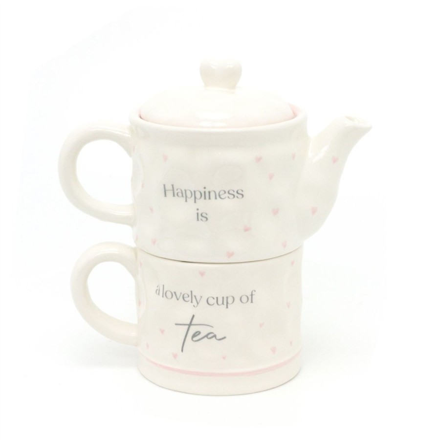 Kitchen & Dining Carousel Shop | Tea For One Tea Set | Happiness Is A Lovely Cup Of Tea Nesting Teapot And Cup | Shabby Chic Stacking Tea Set