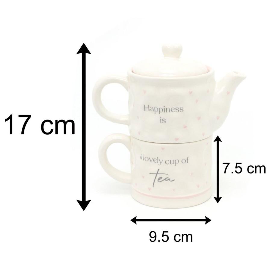 Kitchen & Dining Carousel Shop | Tea For One Tea Set | Happiness Is A Lovely Cup Of Tea Nesting Teapot And Cup | Shabby Chic Stacking Tea Set