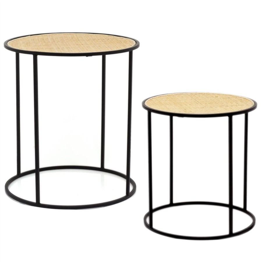 Home Accessories Carousel Shop Side Tables | Set Of 2 Round Wooden Woven Top Nesting Side Tables | Occasional Pedestal End Table Nest | Black Metal Seagrass Stacking Tables