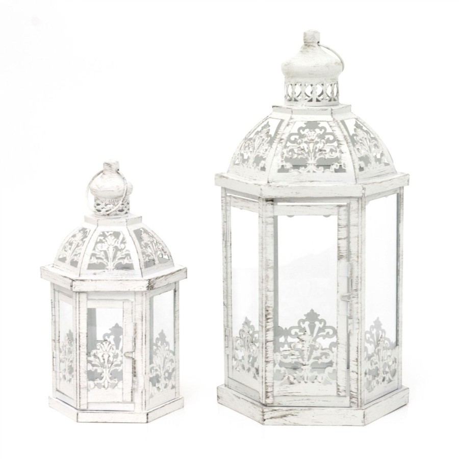 Home Accessories Carousel Shop Candlesticks, Holders & Lanterns | Set Of 2 Moroccan Style White Metal Candle Lanterns For Home & Garden