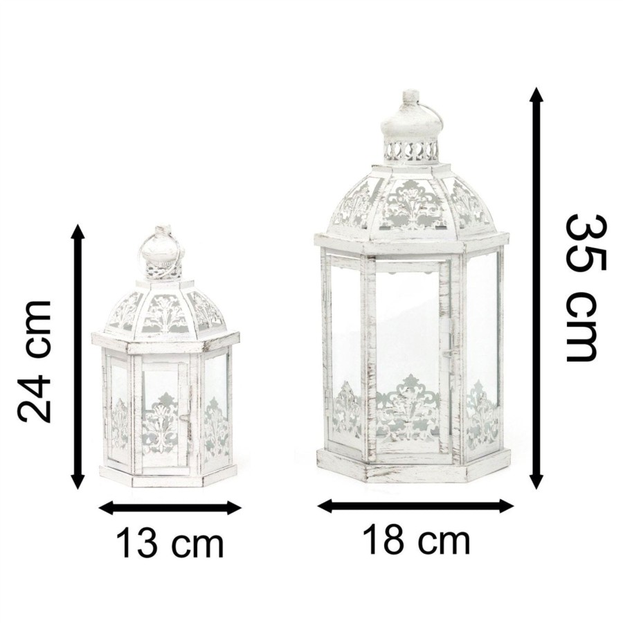 Home Accessories Carousel Shop Candlesticks, Holders & Lanterns | Set Of 2 Moroccan Style White Metal Candle Lanterns For Home & Garden