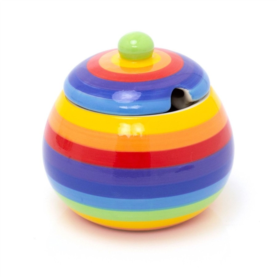 Kitchen & Dining Carousel Shop | Hand Painted Rainbow Stripe Ceramic Sugar Bowl | Multicoloured Sugar Pot Sugar Container | Lidded Condiment Pot Sugar Jar