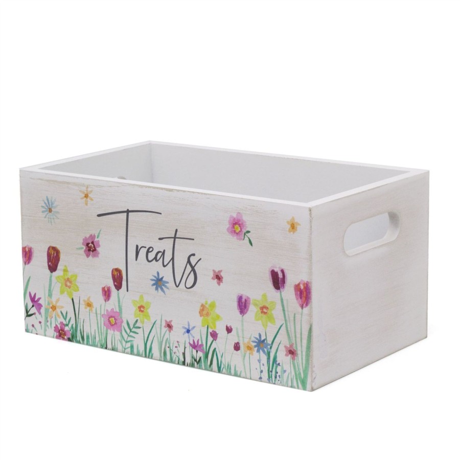 Home Accessories Carousel Shop Boxes & Baskets | Shabby Chic Wooden Treats Storage Crate | White Floral Kitchen Sweet Treats Storage Hamper | Wooden Hamper Gift Box