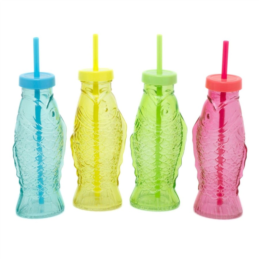 Kitchen & Dining Carousel Shop | Novelty Glass Fish Drinks Bottle With Straw | Coloured Drinking Glasses | Fish Shaped Glass Drinking Jars