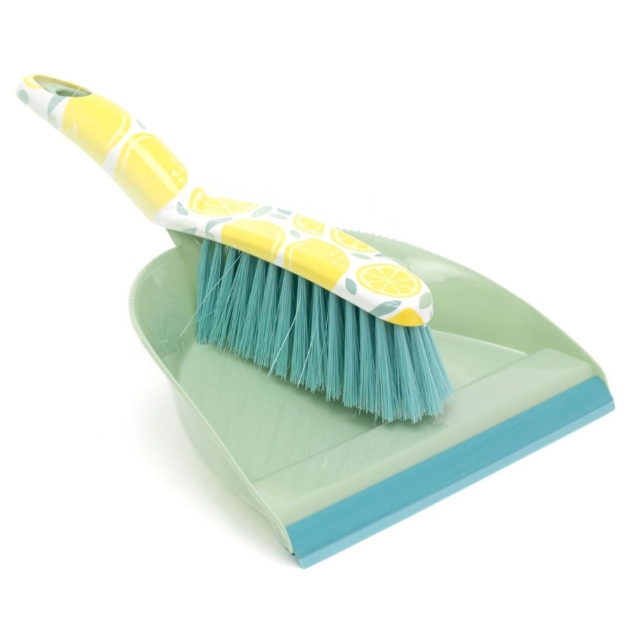 Kitchen & Dining Carousel Shop | Ultra Clean Lemon Print Dustpan Brush Set | Hand Held Sweeping Brush And Dustpan | Indoor Floor Cleaning Brushes