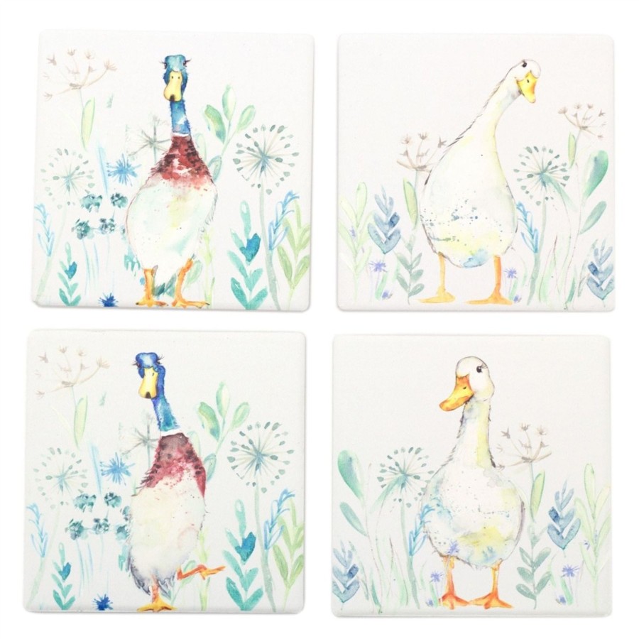 Kitchen & Dining Carousel Shop | Set Of 4 Coasters | Beautiful Duck Ceramic Coaster For Drinks | Square Cup Mug Table Mats